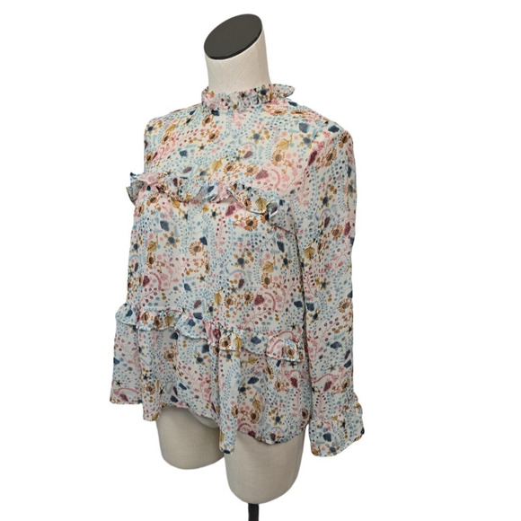 Sundance High Neck Floral Print Celina Blouse Tiered Ruffle Semi Sheer Womens XS - Picture 7 of 12